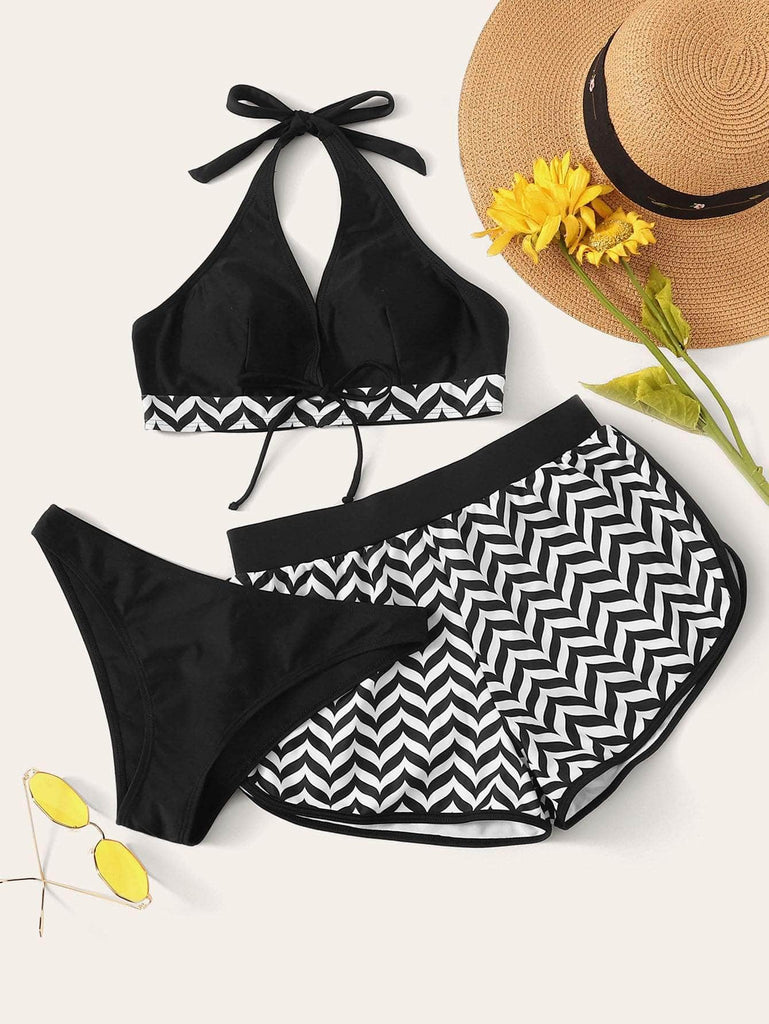 Blanco y Negro / S Conjunto de bikini halter de cheurón 3 piezas