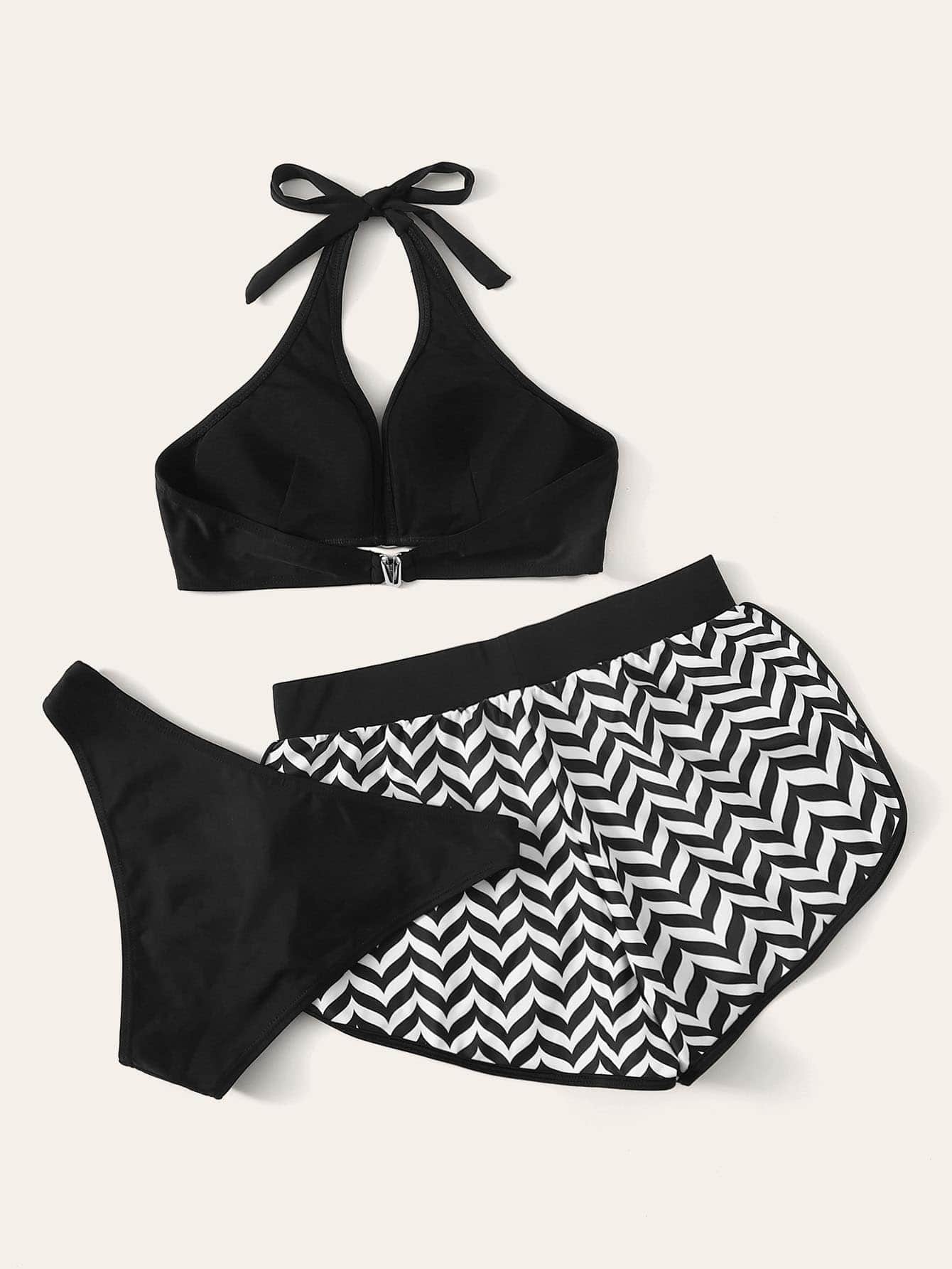Blanco y Negro / M Conjunto de bikini halter de cheurón 3 piezas