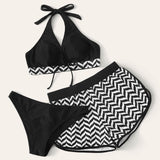 Blanco y Negro / L Conjunto de bikini halter de cheurón 3 piezas