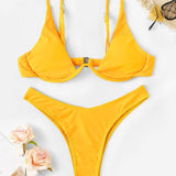 Mostaza Amarilla / S Conjunto de bikini top con aro de pierna alta