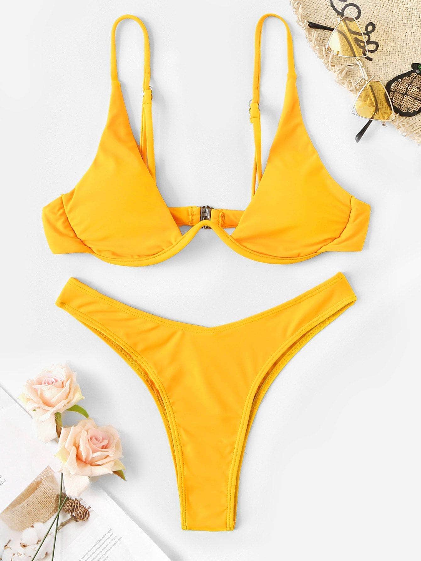 Mostaza Amarilla / S Conjunto de bikini top con aro de pierna alta
