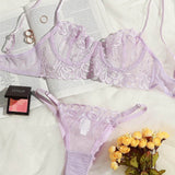 Lila Púrpura / S Conjunto de lencería con aro con malla con bordado