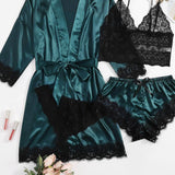 Verde Oscuro / S Conjunto de lencería con encaje floral 4 paquetes con bata con cinturón de satin