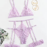 Lila Púrpura / S Conjunto de lencería con liga con encaje floral ribete en abanico