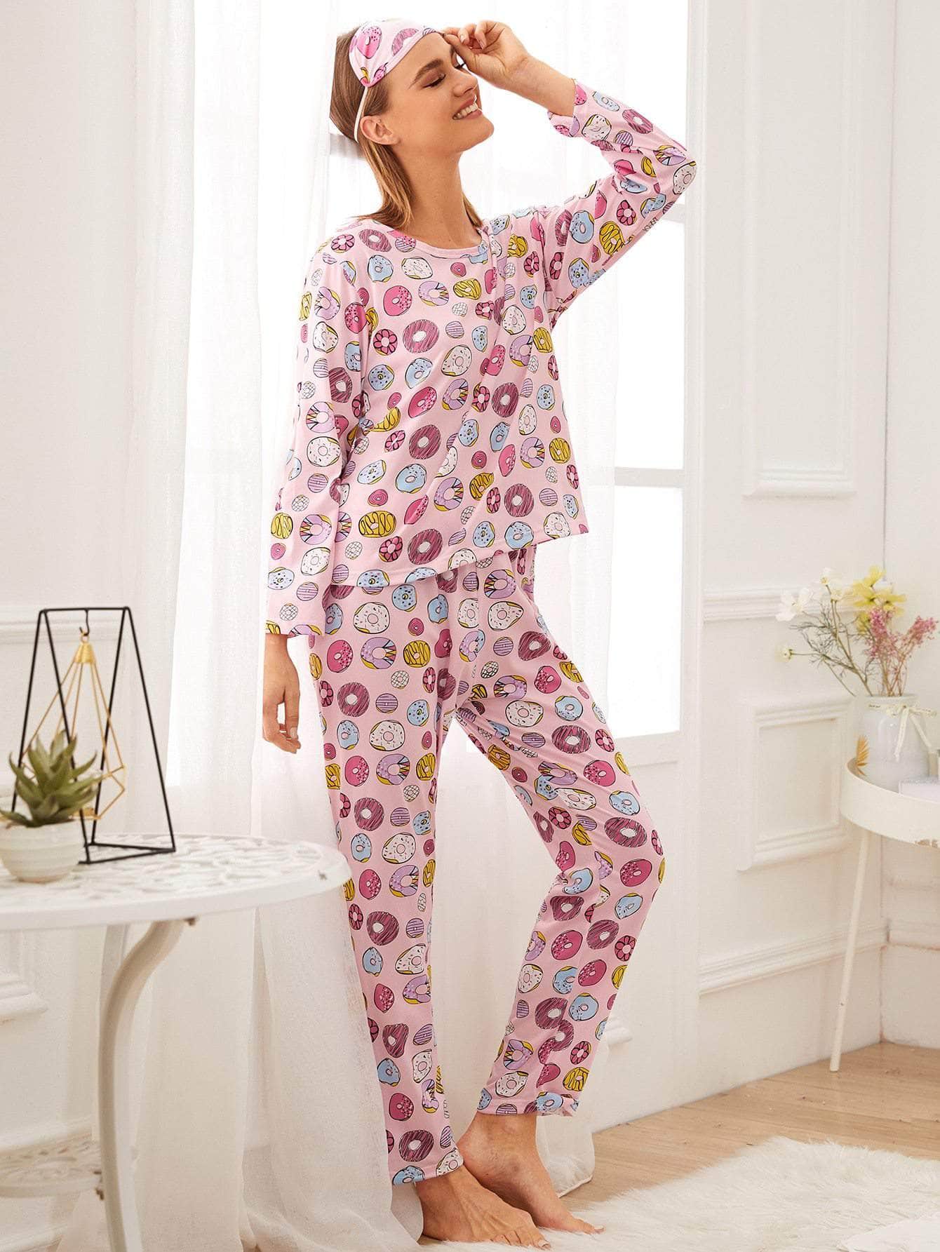 Multicolor / XL Conjunto de pijama con estampado de dónut con máscara de ojo