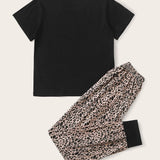 Conjunto de pijama con estampado de leopardo y letra