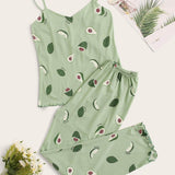 verde menta / S Conjunto de pijama de tirante ribete en forma de lechuga con estampado de aguacate