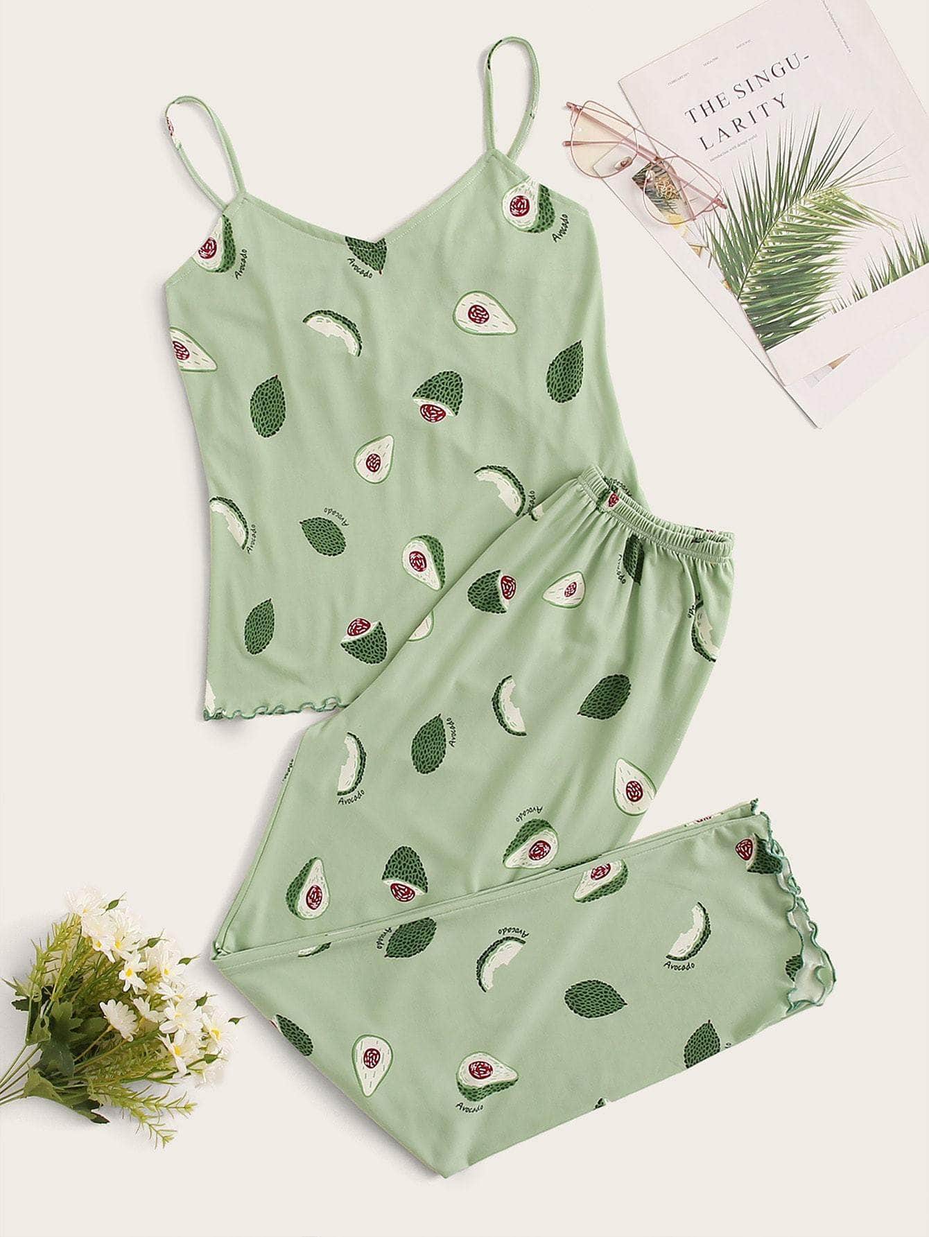 verde menta / L Conjunto de pijama de tirante ribete en forma de lechuga con estampado de aguacate