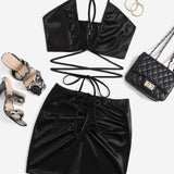 Negro / XS Conjunto top corto de satén con tira cruzada con falda