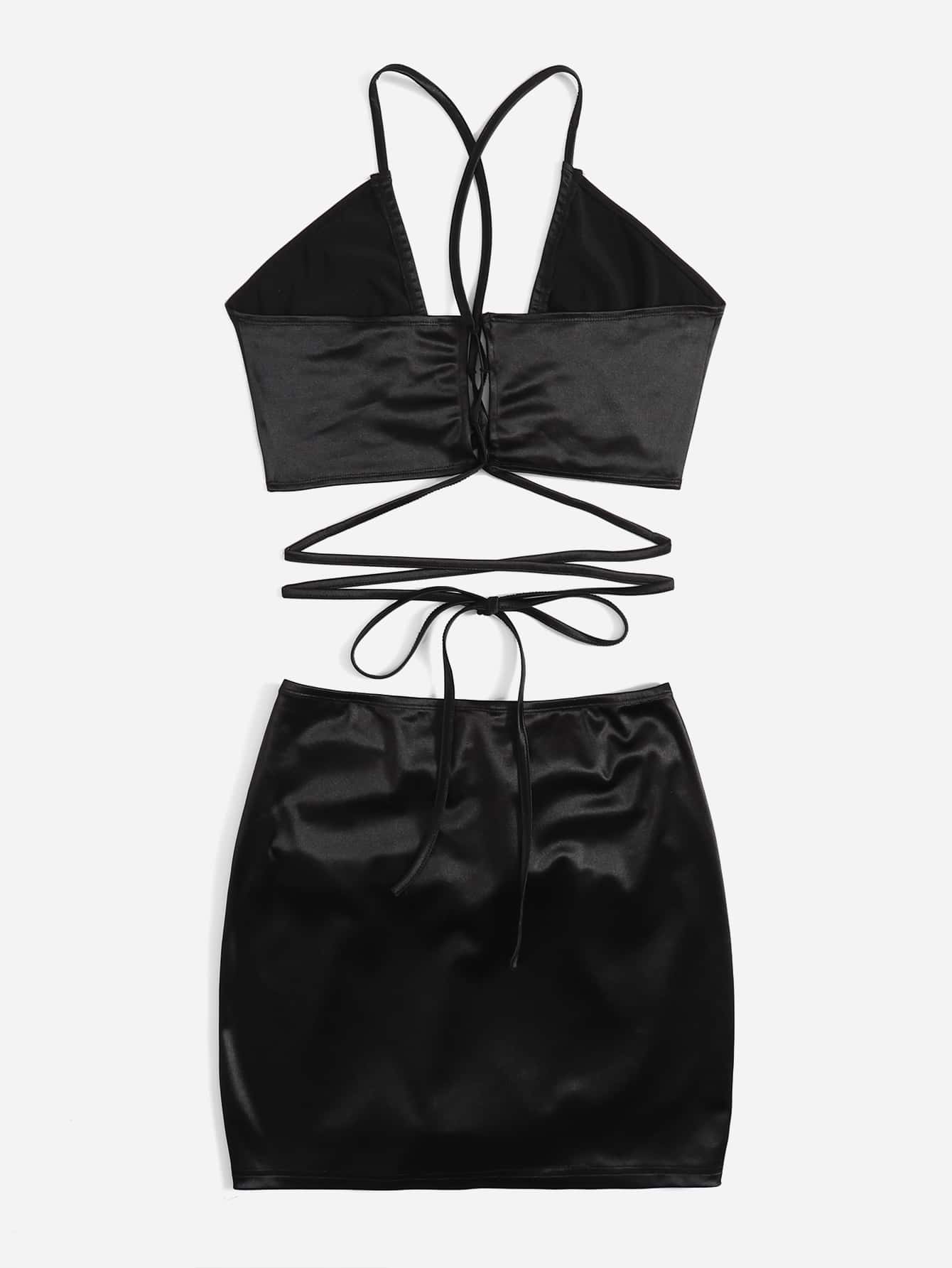 Negro / S Conjunto top corto de satén con tira cruzada con falda
