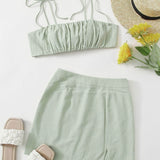 Verde Menta / M Conjunto top de tirantes corto de pecho fruncido de hombros con nudo con falda bajo con abertura