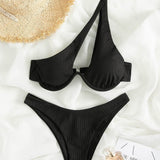 Negro / S Conjuntos de bikini anilla liso dulce