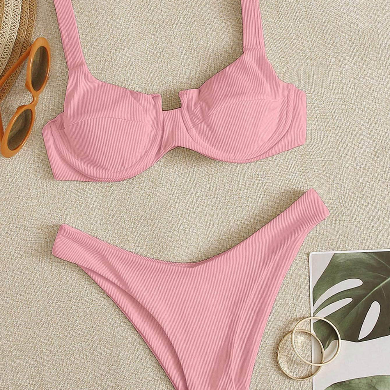 Conjuntos de bikini cinta liso rosa sexy