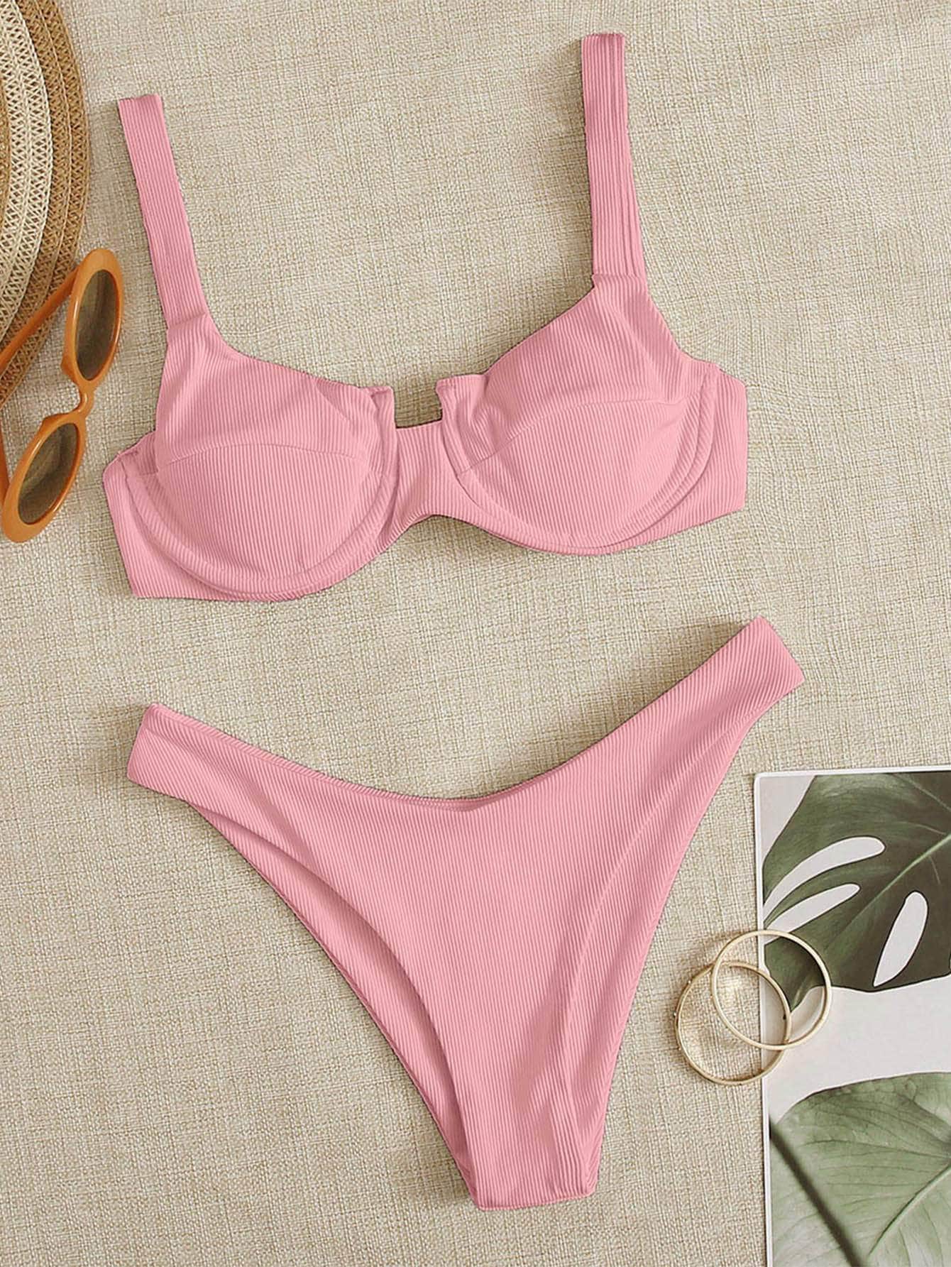 Conjuntos de bikini cinta liso rosa sexy