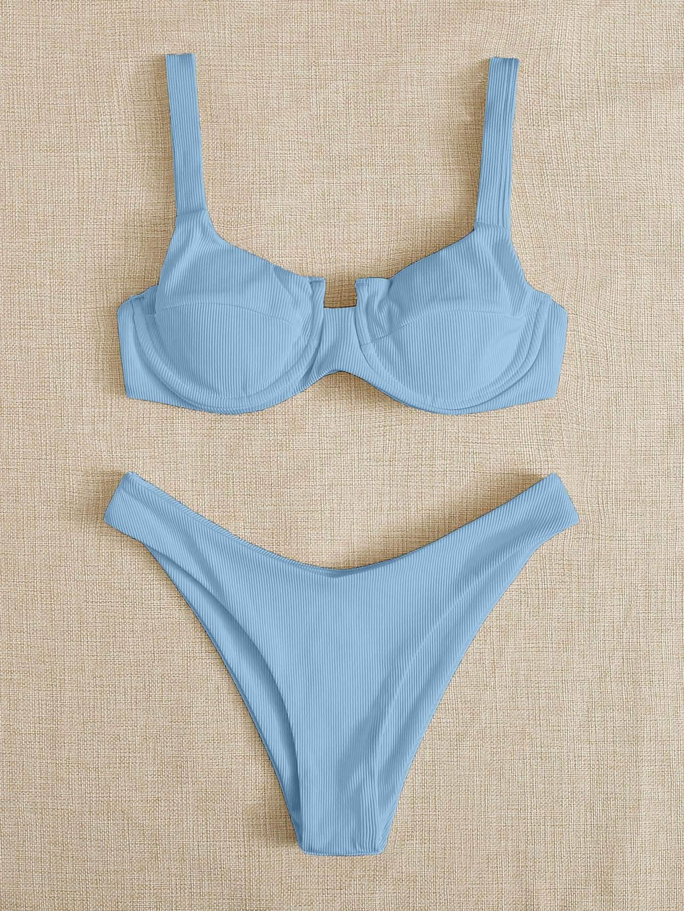Conjuntos de bikini liso azul sexy