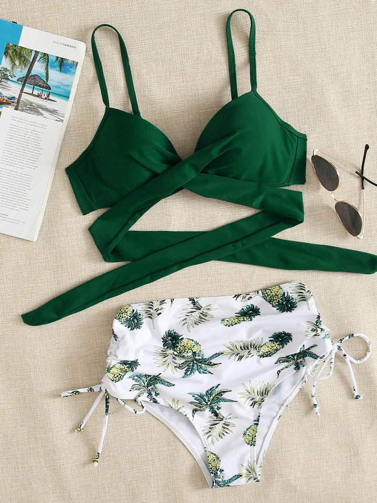 Verde / S Conjuntos de bikini nudo tropical multicolor