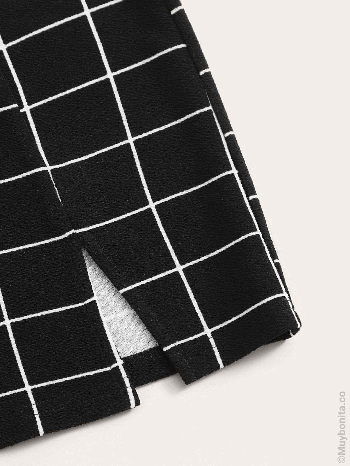 Negro / XL Falda ajustada de cuadros bajo con abertura M