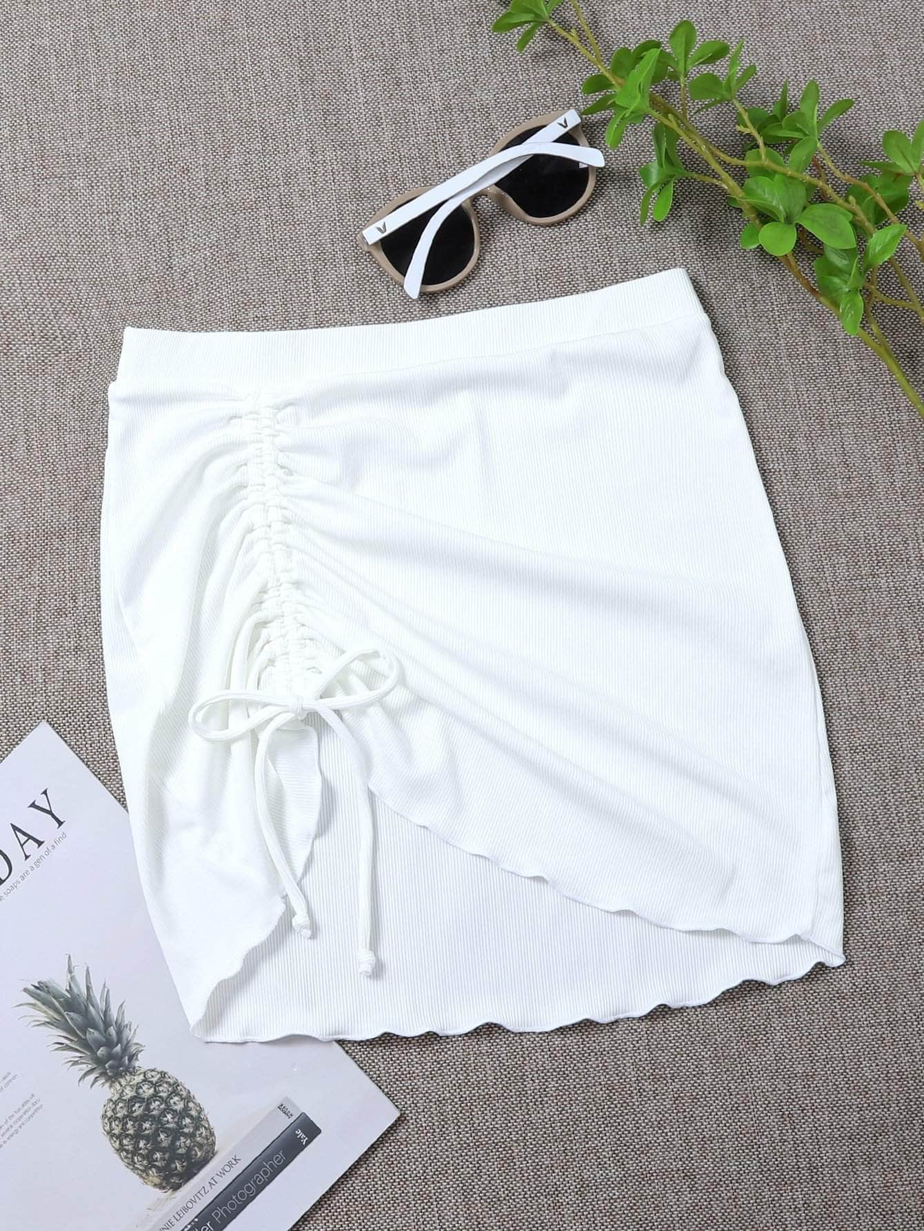 Blanco / S Falda de playa con cordón delantero de canalé