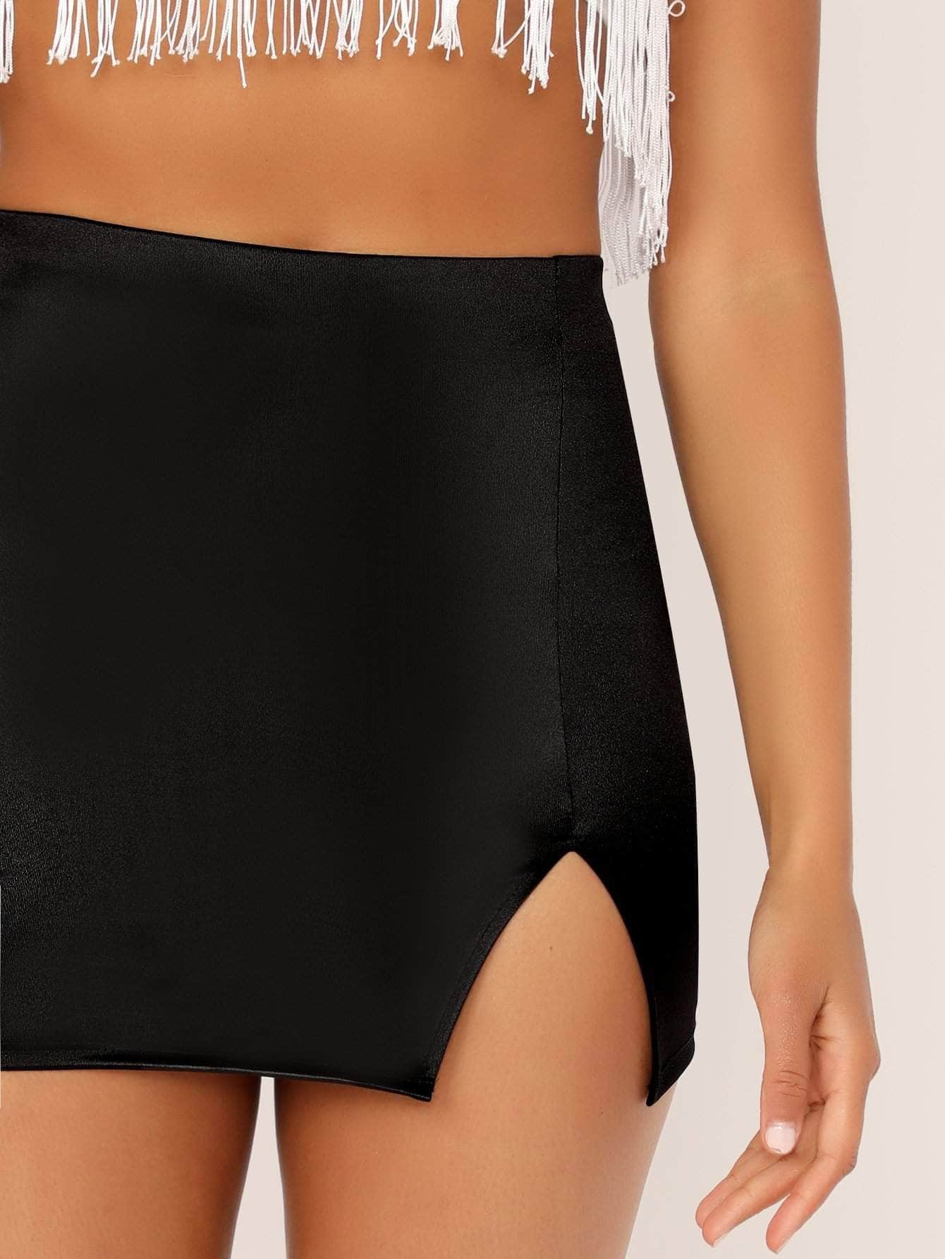 Negro / L Falda de satén con abertura de cintura alta