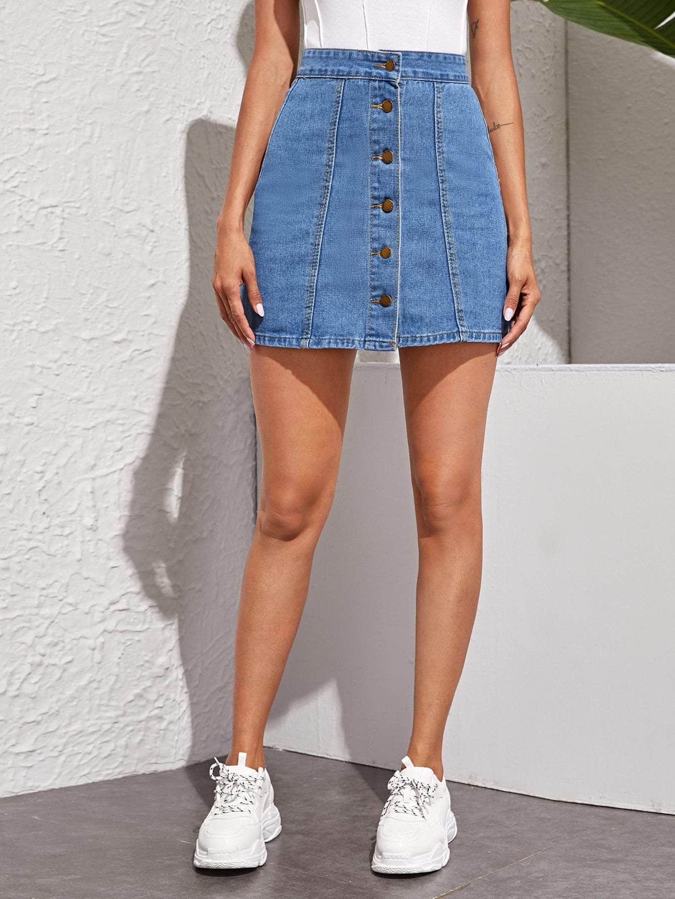 Azul / XS Falda jean línea a mini con botón