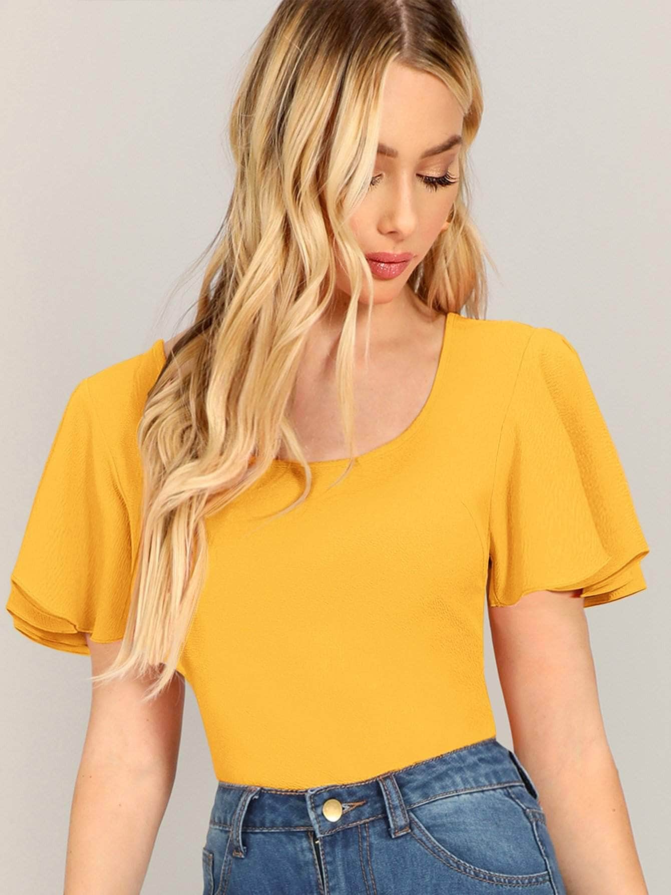 Flutter Sleeve Textured Fitted Top