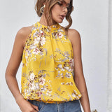 Yellow / L Fold Pleated Floral Print Top