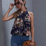 Navy Blue / XL Fold Pleated Floral Print Top