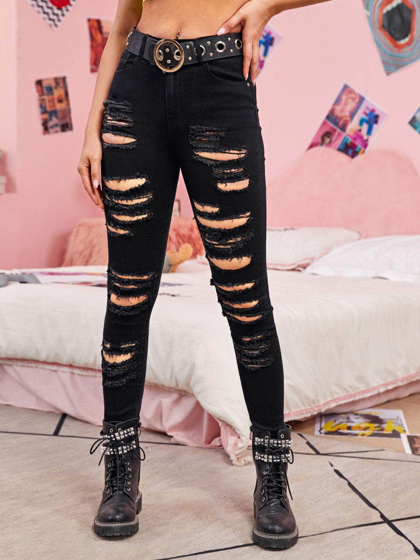 Negro / S Jeans cortos ajustados rotos sin cinturón