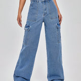 Azul lavado medio / XS Jeans de pierna ancha con bolsillo con solapa de cintura alta