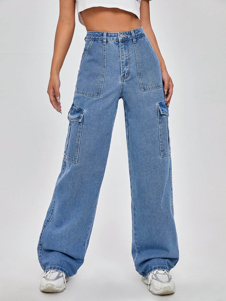 Azul lavado medio / XS Jeans de pierna ancha con bolsillo con solapa de cintura alta
