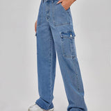 Jeans de pierna ancha con bolsillo con solapa de cintura alta