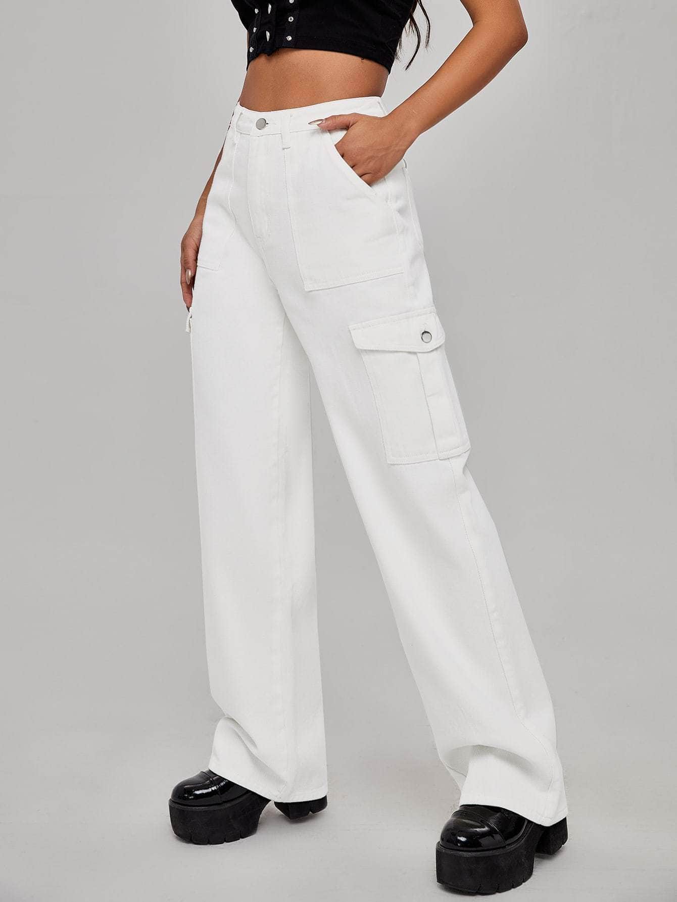 Blanco / XS Jeans de pierna ancha con bolsillo con solapa de cintura alta