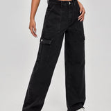 Negro / XS Jeans de pierna ancha con bolsillo con solapa de cintura alta