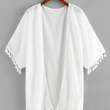 Blanco / XL Kimono abierto con borlas