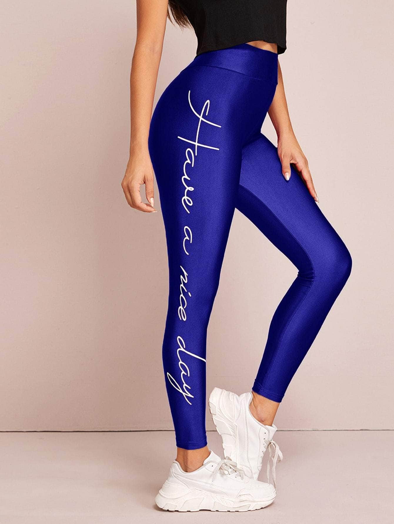 Azul / XS Leggings con slogan y dibujo de cintura con banda ancha
