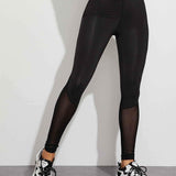 Negro / M Leggings deportivos de cintura con banda ancha con malla en contraste