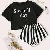 Muybonita.co conjuntosdepijamademangacorta4 Blanco y Negro / XS Conjunto de pijama con estampado de letra y rayas
