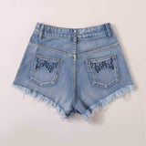 Muybonita.co DeJean Azul / L Shorts jean con bordado bajo crudo