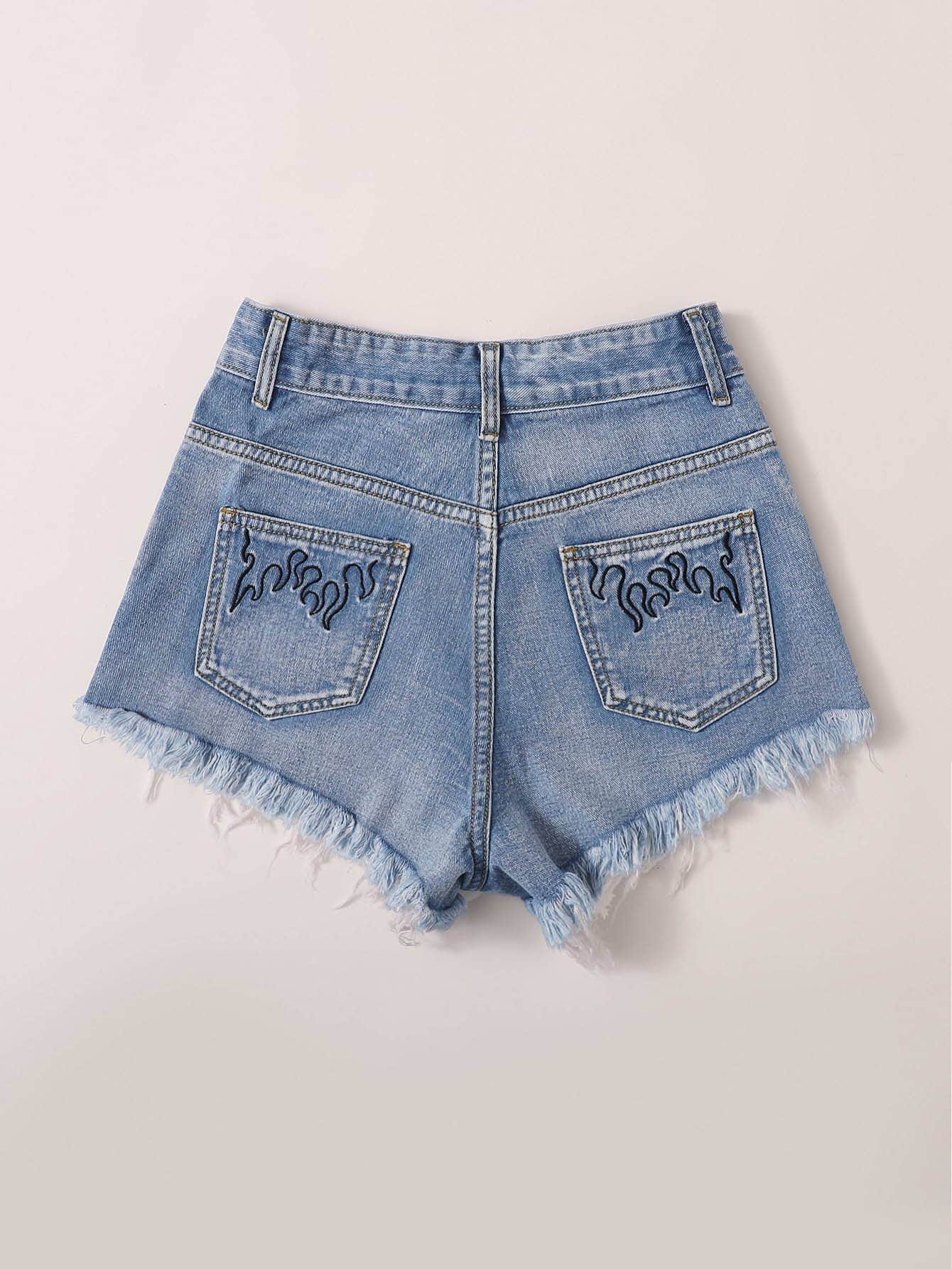 Muybonita.co DeJean Azul / L Shorts jean con bordado bajo crudo