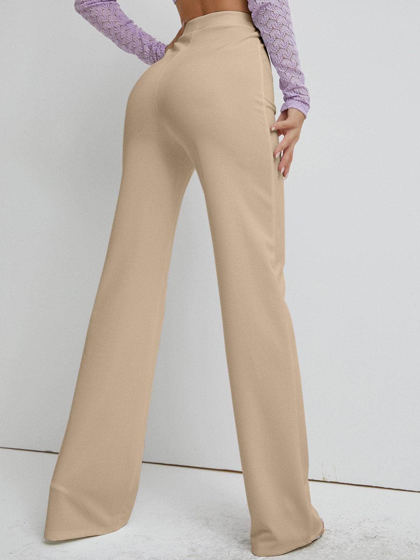 Muybonita.co Mujer/Pantalones/pantaloneselegantes3 Albaricoque / L Pantalones rectos unicolor de cintura alta