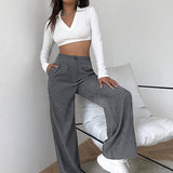 Muybonita.co Mujer/Pantalones/pantaloneselegantes3 Gris / XS Pantalones de pierna ancha de cable de cintura alta