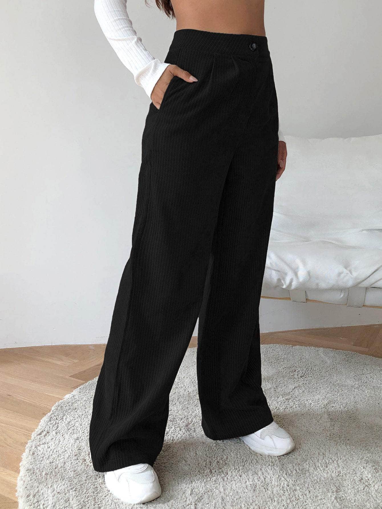 Muybonita.co Mujer/Pantalones/pantaloneselegantes3 Negro / L Pantalones de pierna ancha de cable de cintura alta