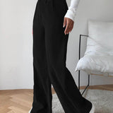 Muybonita.co Mujer/Pantalones/pantaloneselegantes3 Negro / M Pantalones de pierna ancha de cable de cintura alta
