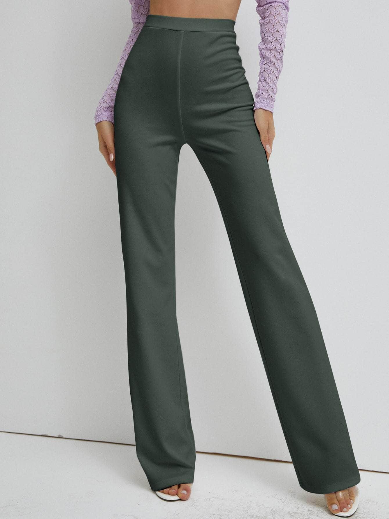 Muybonita.co Mujer/Pantalones/pantaloneselegantes3 Verde Oscuro / S Pantalones rectos unicolor de cintura alta