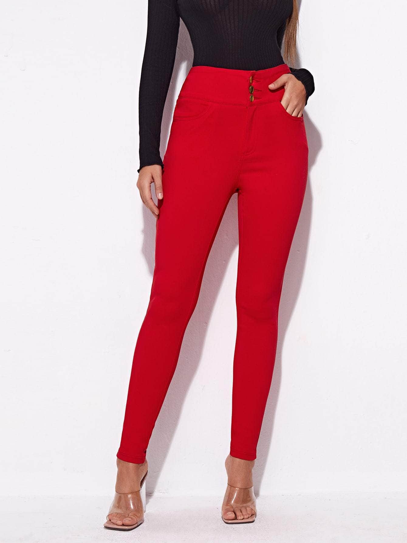 Muybonita.co pantalonesjeans5 Rojo / XS Jeans ajustados de cintura alta con lavado negro