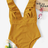Muybonita.co sinaro4 Amarillo / XL Vestido de baño de una pieza con volantes de cuello profundo