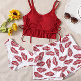Muybonita.co Tankinis2 Rojo / S 3 piezas vestido de baño bikini bajo fruncido con cordón