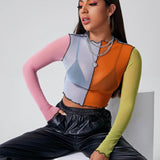 Muybonita.co Topscasualesmangalarga Contrast Stitch Sheer Colorblock Mesh Crop Top Without Bra