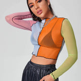 Muybonita.co Topscasualesmangalarga Contrast Stitch Sheer Colorblock Mesh Crop Top Without Bra