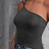 Muybonita.co Topscasualessinmangas3 Dark Grey / L One Shoulder Double Strap Top